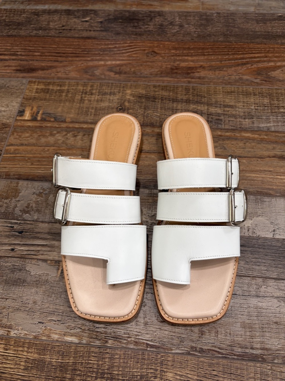 White Triple-Strap Buckle Slide Sandals